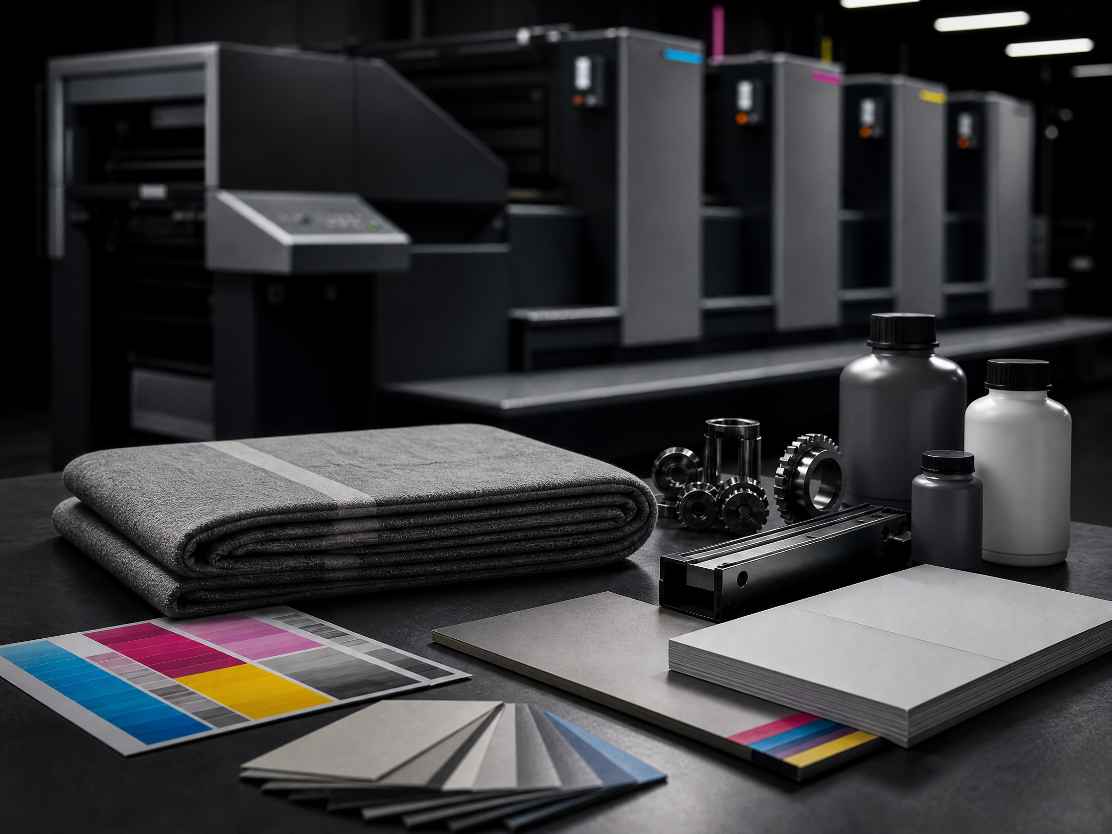 Printing blanket, pressroom chemicals, machine parts and paper samples